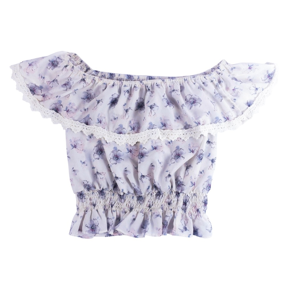 LIZ LISA Floral Lace Cream Purple Off The Shoulder Smocked Ruffle Cropped Top